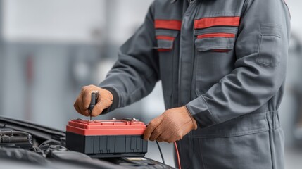 Skilled automotive technician working on car battery during vehicle maintenance service in modern garage setting with focus on tools and equipment for repairs