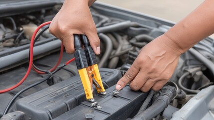 Person using jumper cables to jump-start a car battery, demonstrating vehicle maintenance and troubleshooting skills in outdoor environment