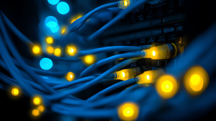 Close-up of glowing yellow and blue fiber optic cables connected to a network switch, highlighting data transmission and modern communication technology