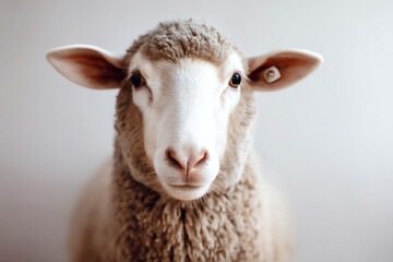 Close-up portrait of a calm sheep with soft wool and large ears against a neutral background, highlighting its gentle expression and detailed facial features