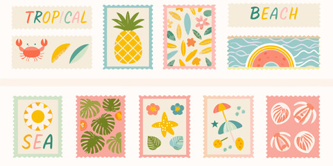 Collection of cute tropical and beach themed postage stamps with summer motifs