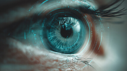 Close-up of a blue eye with digital futuristic interface overlays, symbolizing biometric technology and advanced vision systems