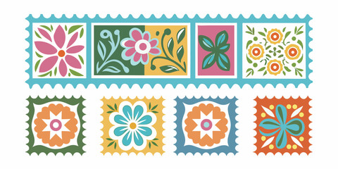 Collection of colorful floral postage stamps with decorative scalloped edges and folk art inspired designs