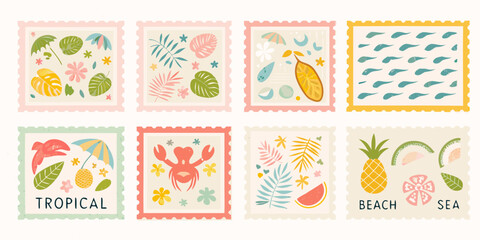 Collection of eight charming colorful and decorative tropical themed postage stamps
