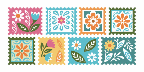 Collection of eight colorful folk art inspired floral postage stamps with decorative borders