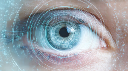 Close-up of a human eye with digital futuristic interface elements, symbolizing biometric technology, cyber security, and advanced digital identification systems