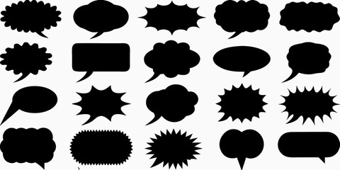Collection of diverse black speech bubble shapes and comic book style thought bubbles