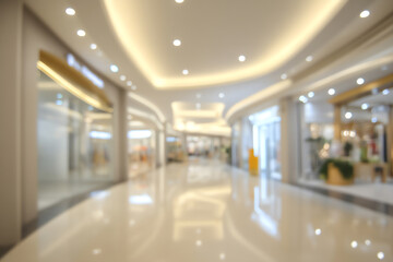 Blurred view of a modern shopping mall corridor with polished floors, bright ceiling lights, and storefronts on both sides creating a spacious and inviting atmosphere