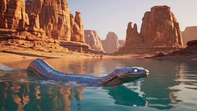 Serpent swimming across desert canyon river under sunlight, blending natural landscape with reptilian strength and adaptability in scenic travel view.