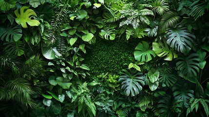A dense wall of various green plants including ferns and monstera leaves in a lush arrangement