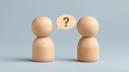 Wooden figurines dialogue concept with speech bubble and question mark representing discussion, inquiry, and communication between two individuals