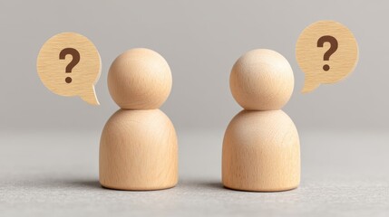 Two Wooden Figures Displaying Question Marks in Speech Bubbles Symbolizing Inquiry, Curiosity, and Communication Concept in a Minimalist Setting