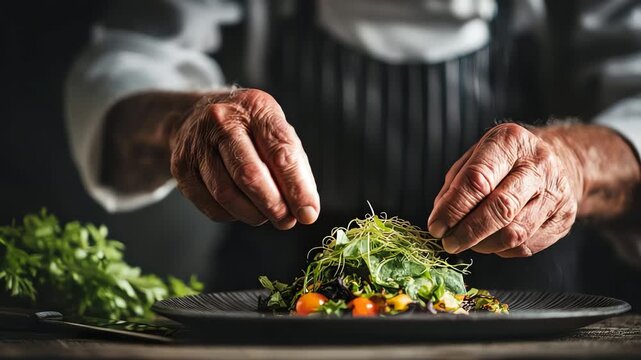 Close-up of Chef's Hands Plating a Gourmet Dish with Microgreens and Tomatoes