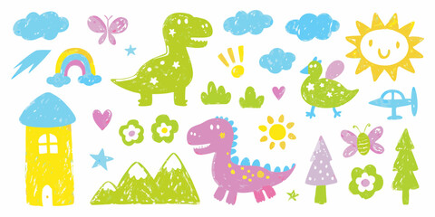 Collection of colorful crayon style drawings of dinosaurs sun clouds rainbow house trees flowers butterflies and airplane for kids