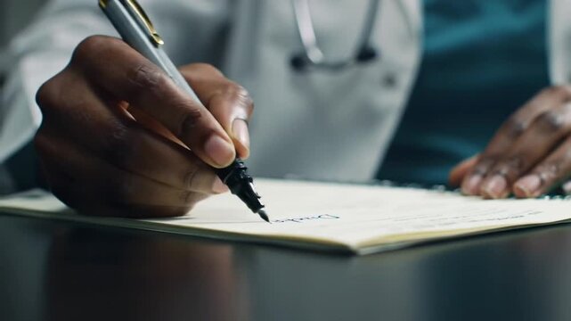Close up of a doctors hand writing a medical prescription.
