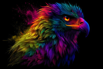 Vivid digital art of an eagle&rsquo;s head with detailed feathers glowing in neon colors against a black background, blending realism with vibrant fantasy hues