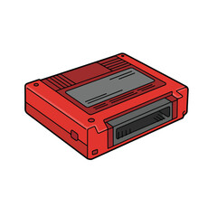 Obraz premium A red retro video game cartridge featuring a black rectangular connector gray panel and rectangular shape