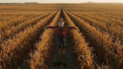 Scarecrow standing guard in a vast golden cornfield at sunset evoking autumn season and rural farm life with a clear blue sky - Powered by Adobe