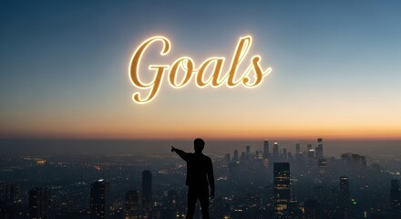 Fototapeta premium Man Silhouette Pointing at Glowing 'Goals' Above Cityscape at Dusk