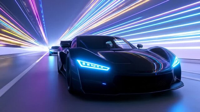 Sleek black car races in light-speed tunnel, another car follows - Powered by Adobe