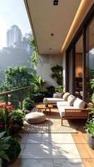 Cozy modern balcony with greenery and urban cityscape backdrop
