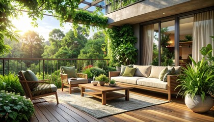 Obraz premium Cozy Outdoor Living Space with Greenery and Natural Light