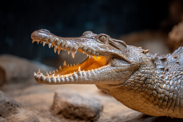 Obraz premium Close-up of a crocodile with its mouth open, showcasing sharp teeth, textured scales, and a detailed eye, set against a blurred natural background