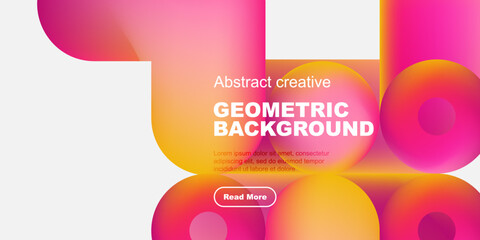 Obraz premium Vibrant geometric shapes overlap, creating dynamic background. Text promotes creative design, includes read more button.