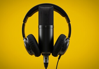Studio Microphone and Headphones on Yellow Background for Podcast Recording or Music Production Setup