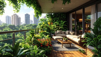 Fototapeta premium Lush Green Balcony with Contemporary Furniture in Urban Setting
