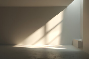 Obraz premium Empty room with sunlight casting window shadows on plain beige walls and floor, featuring a small ledge in the corner, creating a minimalist and serene atmosphere