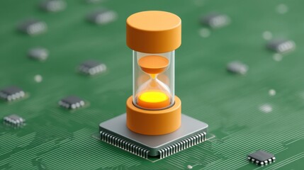 Modern Hourglass Timer on a Computer Chip with Green Circuit Board Background for Technology and Innovation Themes
