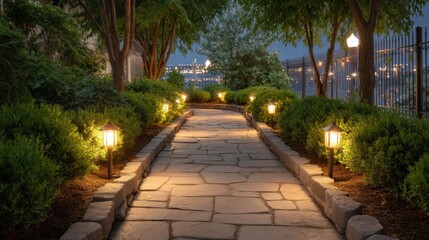 Obraz premium Tranquil Evening Pathway with Soft Glowing Lanterns and Lush Green Surroundings in a Serene Urban Park Setting