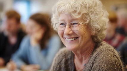 Close medium shot of a smiling elderly woman participating in an art class with softly blurred fellow students in the background.