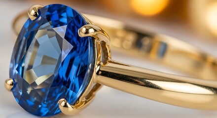 Exquisite Blue Gemstone Ring: Detailed Macro Shot of Sparkling Faceted Sapphire
