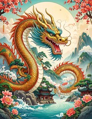 Obraz premium Dragon in a serene Asian landscape