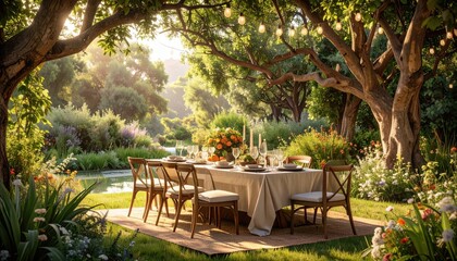 Obraz premium Elegant Outdoor Dining Setup Surrounded by Lush Greenery and Flowers