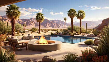 Fototapeta premium Serene Desert Oasis with Pool, Fire Pit and Lush Landscaping