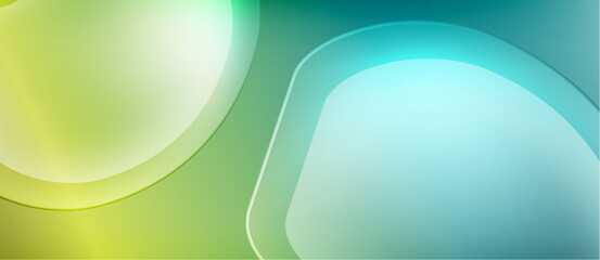Abstract background features overlapping translucent circles. Colors transition from yellow, green to teal. Soft gradients create smooth visual effect.