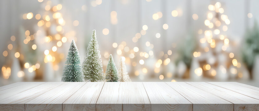 Miniature Christmas trees covered in snow on a wooden surface with a blurred background of warm bokeh lights, creating a festive and cozy winter scene