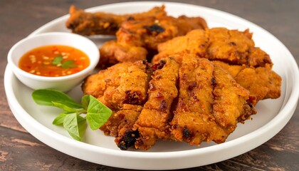 Fototapeta premium Crispy fried chicken pieces on a plate with dipping sauce