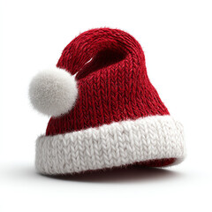 A close-up of a knitted red and white Santa Claus hat with a fluffy pom-pom, isolated on a white background, symbolizing Christmas and holiday cheer