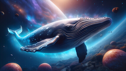 A massive whale swimming between planets and asteroids in outer space, glowing auroras around its body, dark cosmic tones with glowing accents, cinematic wide shot, surreal sci-fi atmosphere, textures