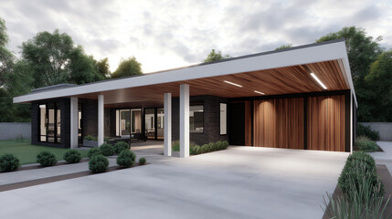 Fototapeta premium Modern single-story house with a flat roof, large windows, wooden ceiling, and garage, surrounded by greenery and a spacious concrete driveway under a cloudy sky