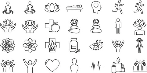Wellness icons, mindfulness symbols, health care graphics, meditation illustrations, spa elements, self-care line art, holistic healing, mental health visuals