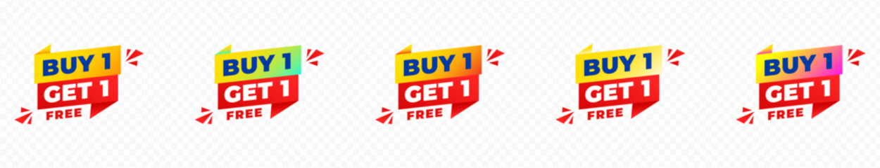 Buy 1, to get 1 free offer label. Discount tag for special sale. Transparent PNG and vector illustration.