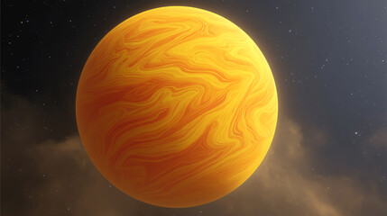 A glowing orange planet with swirling patterns floats in space, surrounded by stars and a cloudy nebula in the background