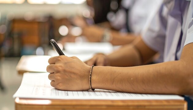 Close-up of students writing in a classroom