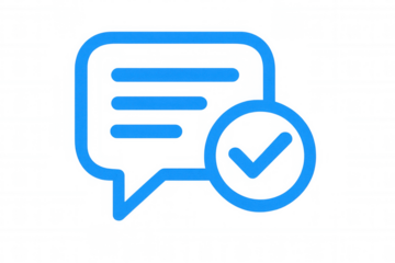 Chat bubble icon in blue, displaying checkmark, representing communication verification on transparent backdrop for seamless design placement