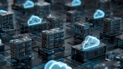 Cloud computing concept art Servers with glowing cloud icons on a detailed circuit board surface - Powered by Adobe